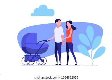 Los padres caminan con un bebé. Madre joven y padre juntos caminando con un bebé recién nacido en carro. Concepto de actividades al aire libre con niños, familia y al aire libre, Pram. Ilustración de vectores planos de dibujos animados