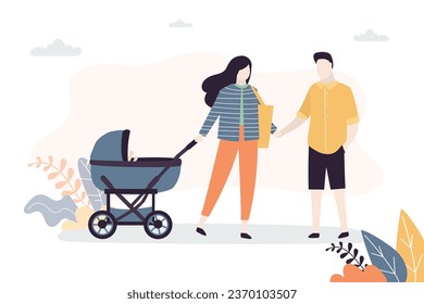 Parents walk with baby pram. Young mother and father together walking with newborn baby in carriage. Outdoor activity with kid, family and open air, pram. Family portrait. flat vector illustration
