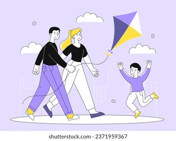 Parents walk with children line. Father and mother with son and kite outdoor. Family spending time together at nature. Weekends and leisure, entertainment. Linear flat vector illustration