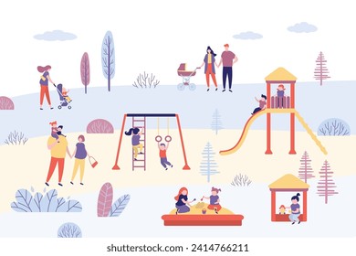 Parents walk with children. Public park with various children playground. Outdoor activity for kids. Children's swing, slides, sandbox. Family weekend. Nature landscape. Flat vector illustration