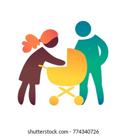 Parents walk with a stroller. Mom looks at the child. Happy family icon multicolored in simple figures. Vector can be used as logo 