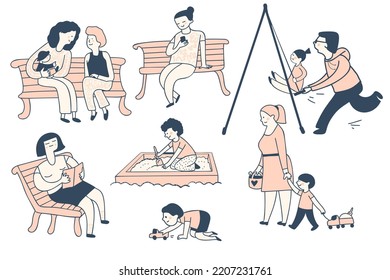 Parents walk with their children on the playground. Vector illustration in cartoon style.