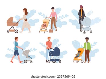 Parents walking with a baby in stroller, flat vector illustration isolated on white background. Walking with toddlers and infants carriage and strollers.