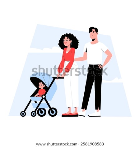 Parents Walking With Baby In Stroller In Flat Vector Illustration Symbolizing Parenthood, Family Bonding, And Childcare, Isolated On White Background