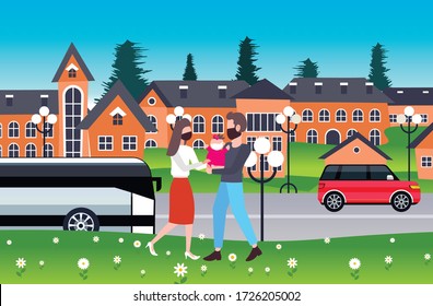 parents walking with baby toddler family wearing masks to prevent coronavirus pandemic covid-19 quarantine concept cityscape background horizontal full length vector illustration