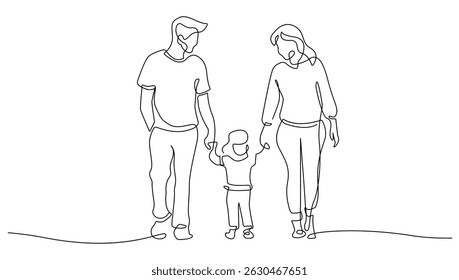 Parents Walking with Child One Line Vector Illustration. Mother, Father and Child Continuous Single Line Drawing. Happy Family with Hand Drawn Contour Silhouette Outline Style. Not AI