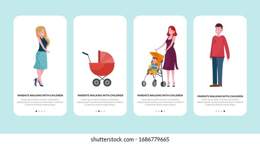 Parents walking with children in prams set. Couple with toddler, new mom with baby in stroller flat vector illustration. Parenthood, family, park concept for banner, website design or landing web page