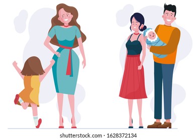 Parents walking with children set. Couple with baby, mother with daughter flat vector illustration. Parenthood, family, leisure concept for banner, website design or landing web page