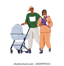 Parents walking with infant baby in sling. Young mother, father strolling with newborn child and pram, stroller. Mom, dad couple and kid. Flat graphic vector illustration isolated on white background