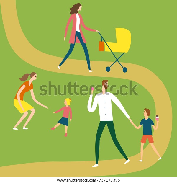 Parents Walking Kids Park Cartoon Illustration Stock Vector Royalty Free 737177395