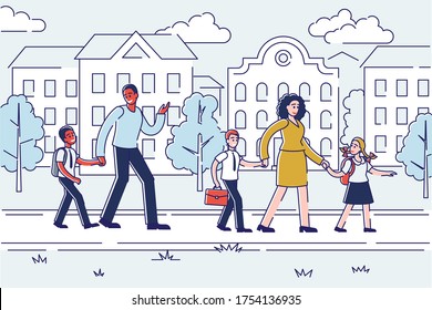 Parents walking kids to school over linear city building background. Mother, father and schoolchildren with schoolbags holding hand. Parenthood concept. Vector illustration