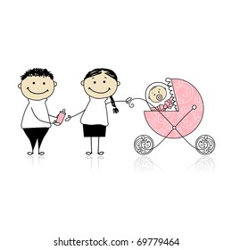 Parents walking with newborn, baby in buggy