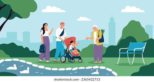 Parents walking in park with son in pram happy to see his grandmother flat vector illustration