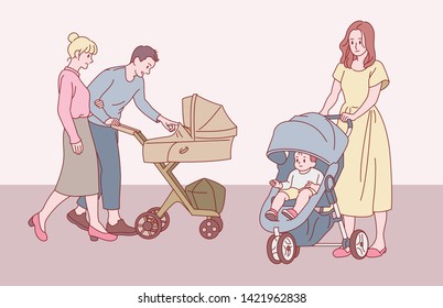 Parents walking with stroller. hand drawn style vector design illustrations. 