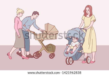 Parents walking with stroller. hand drawn style vector design illustrations. 