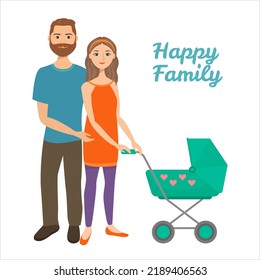 Parents walking with stroller. Vector flat cartoon people isolated on white. Happy family concept. Lovely young couple with babyborn
