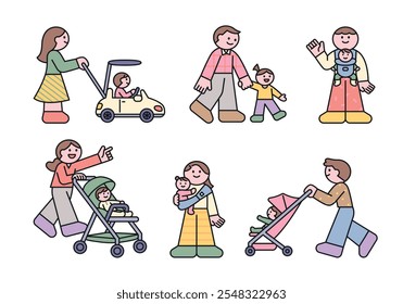 Parents walking with their baby. Strollers, baby carriers and baby cars. outline simple vector illustration.