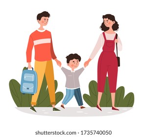 Parents walking their young son to school leading him by the hand with the father carrying his school bag, colored vector illustration