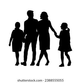 Parents walking together with two daughter outdoor black silhouette.	