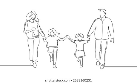 Pais caminhando com dois filhos Ilustração de vetor de uma linha. Mãe, Pai e Filhos Desenho de Linha Único Contínuo. Família feliz com mão desenhado contorno estilo de contorno. Não é IA