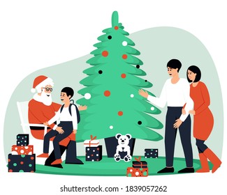 Parents watch their son sitting in Santa Claus's arms. Happy family visiting Santa Claus. Santa sits near a dressed up fir tree and gifts.  Flat vector illustration.