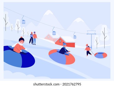 Padres viendo niños felices montando tubos de nieve. Niños trineo en la estación de esquí ilustración vectorial plana. Familia, invierno, actividad al aire libre, concepto de vacaciones para banner, diseño de sitio web o página de inicio