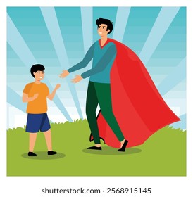 Parents wearing red superhero costumes happily interact with their child outdoors. Flat vector modern illustration 