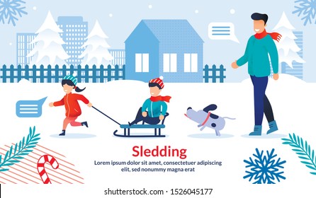 Parents Winter Outdoor Activity with Kids, Family Holiday Leisure and Entertainment Trendy Flat Vector Horizontal Banner, Poster Template. Happy Father, Childrens Sledding on City Street Illustration