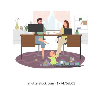 Parents work at home at a computer and laptop while a small child plays with toys and a train nearby sitting on the floor. Work life balance concept with fun cartoon characters.