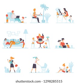 Parents Working at Home on Computers Set, Their Children Playing Next to Them, Mothers and Fathers Working with Children, Businesspeople Vector Illustration