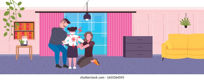 parents worried about daughter having heart attack coronavirus infection symptoms epidemic MERS-CoV virus wuhan 2019-nCoV living room interior full length horizontal vector illustration