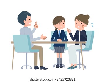 Parents worried about three-way meeting.Vector art that is easy to edit.