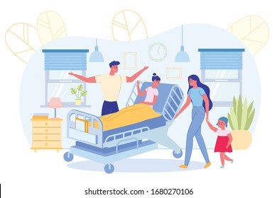 Parents with Younger Child Visit Sick Daughter in Hospital Ward. Sickness and Hospitalization. Ill Child Lying in Bed. Happy Family Care and Support. Love and Relationship. Vector Illustration