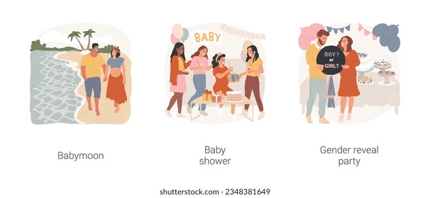 Parents-to-be celebrations isolated cartoon vector illustration set. Babymoon romantic vacation, baby shower, gender reveal party, happy family expecting a baby, pregnant woman vector cartoon.