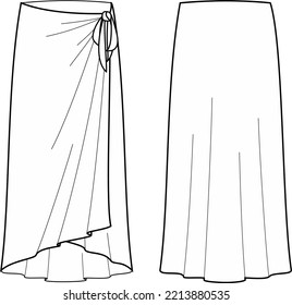 Pareo summer skirt flat sketch. Sarong apparel design. Front and back. Women CAD mockup. Fashion technical drawing template. Vector illustration.