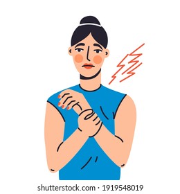 Paresthesia Isolated Vector Illustration. Woman Suffering From Tunnel Syndrome, Atrophy Design Element. Tingling In The Muscles, Pinched Nerve In Cartoon Style.