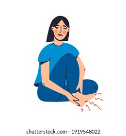 Paresthesia Isolated Vector Illustration. Woman Suffering From Tunnel Syndrome, Atrophy Design Element. Tingling In The Muscles, Pinched Nerve In Cartoon Style.