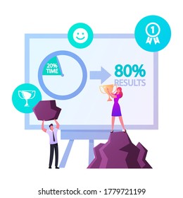 Pareto Law 20 Percent Efforts Giving 80 Percent of Result. Tiny Male and Female Business Characters at Huge Computer Desktop. Woman with Gold Goblet, Man Hold Rock. Cartoon People Vector Illustration