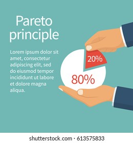 Pareto principle. 20% of efforts give 80% of the result. Market share business. Businessman holding in hand pie chart. Economic financial share profit. Vector flat design. Isolated white background.