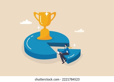 Pareto principle, 80 to 20 rule or work efficiency, minimal effort for big outcome, productivity to generate great result concept, businessman working on 20 percent pie chart with trophy on 80 part.