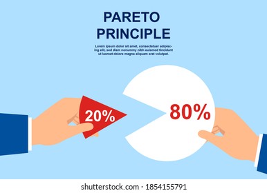 Pareto principle abstract concept. 20 of efforts give 80 of the result. Market share business. Businessmen holding pie chart. Economic financial share profit. Flat cartoon vector illustration.