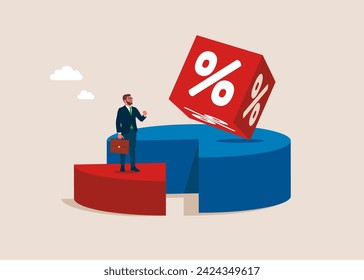 Pareto principle. Working on 20 percent pie chart with cube block with percentage symbol icon on 80 part.  Flat vector illustration.