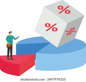 Pareto principle. Working on 20 percent pie chart with cube block with percentage symbol icon on 80 part. Flat vector illustration.

