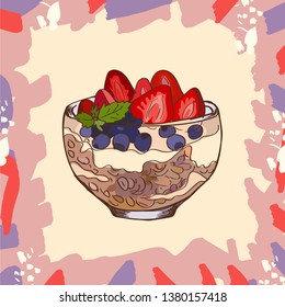 Parfait glass cup bowl tasty dessert with granola, blueberry, strawberry and yogurt sketch style image. Hand drawn vector illustration. Isolated menu design item for posters, flyers and menu.