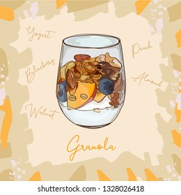 Parfait glass cup tasty dessert with granola, blueberry, peach and yogurt sketch style image. Hand drawn vector illustration. Isolated menu design item for posters, flyers and menu.