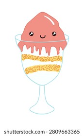Parfait, mousse, ice cream sundae, whipped cream dessert with cute face illustration isolated. Cartoon character. Sweet food, snack, dessert clip art, design element. Hand drawn vector, line drawing