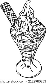 Parfait Sundae Ice cream with Topping Sweet menu Hand drawn line art Illustration