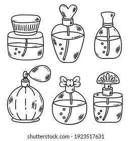 Parfum bootles doodle icons line vector set