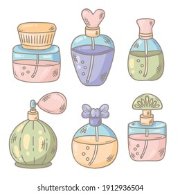 Parfum bottles doodle cartoon colorful vector icons set