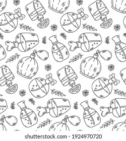 Parfum bottles doodle line black and white seamless vector pattern